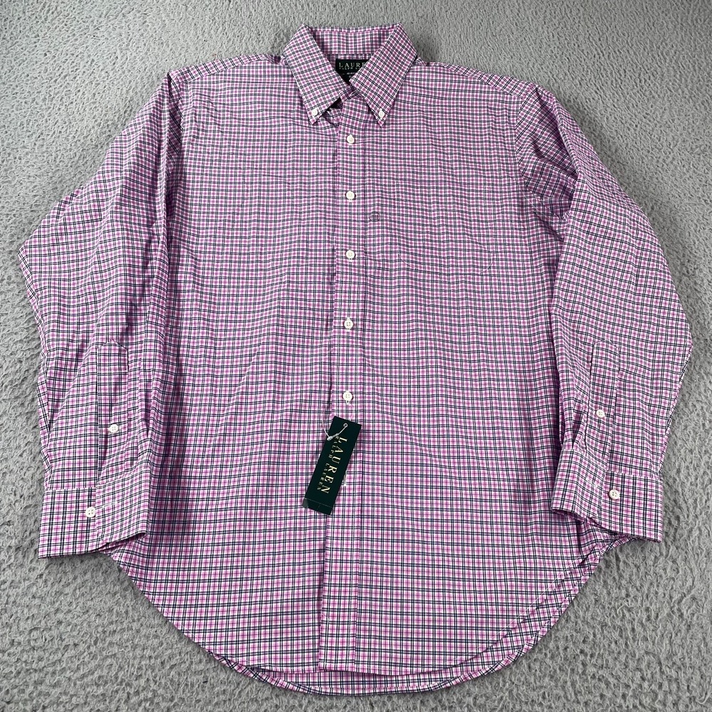 Lauren Ralph Lauren Shirt Mens 16.5 34/35 Pink Plaid Slim Fit Stretch Non-Iron
